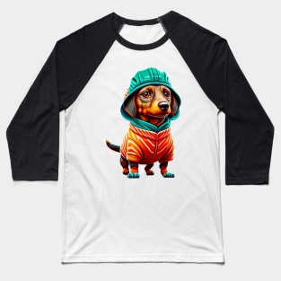 Cozy Charm: Sweet Dachshund in a Soft Salmon Sweater Baseball T-Shirt